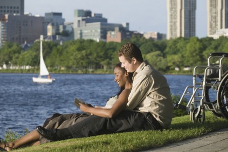 Couple on a date , reading a book in Boston,